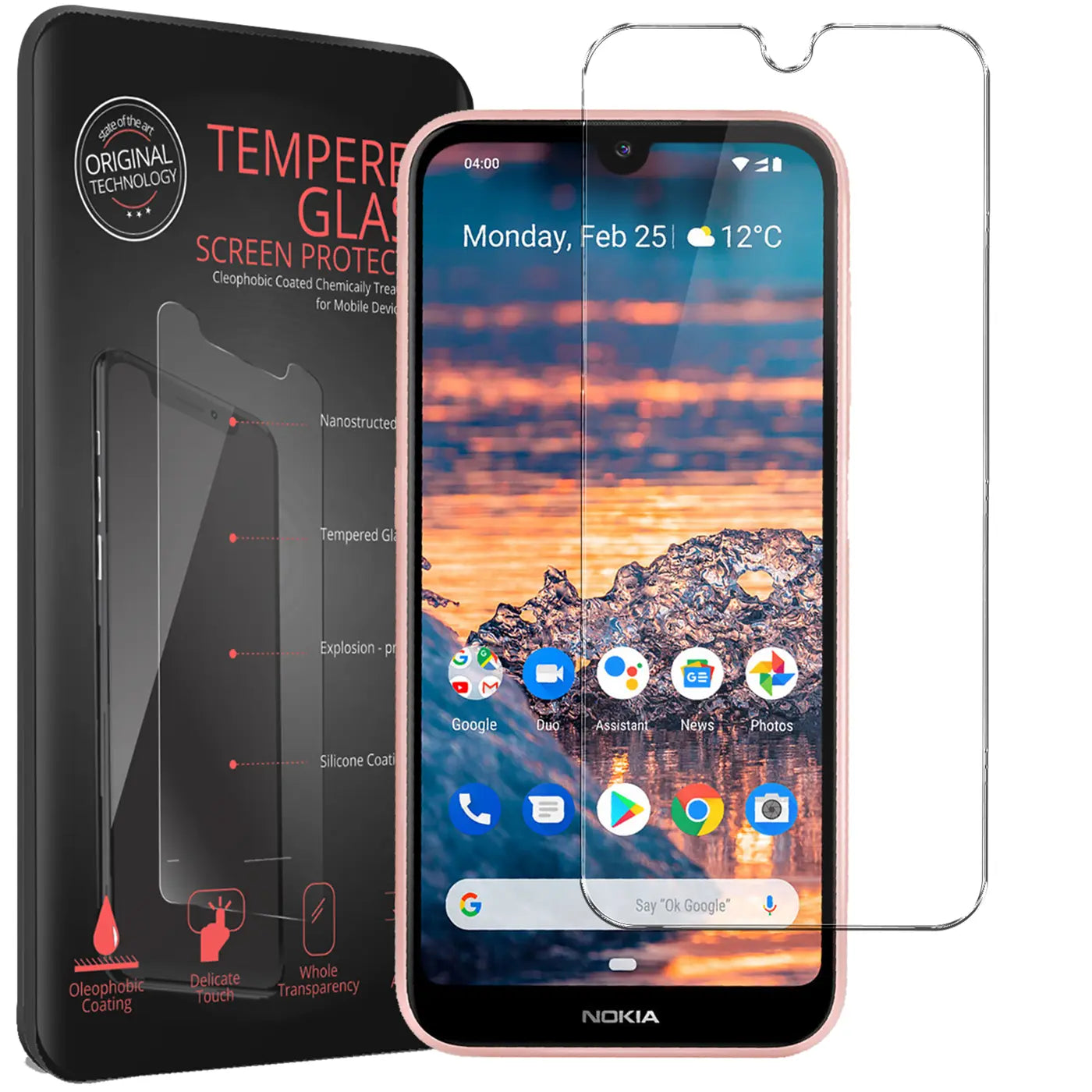 Schwarze Verpackung, rosafarbenes Nokia 4.2 Smartphone und ein klares Panzerglas von vorne, leicht schräg.