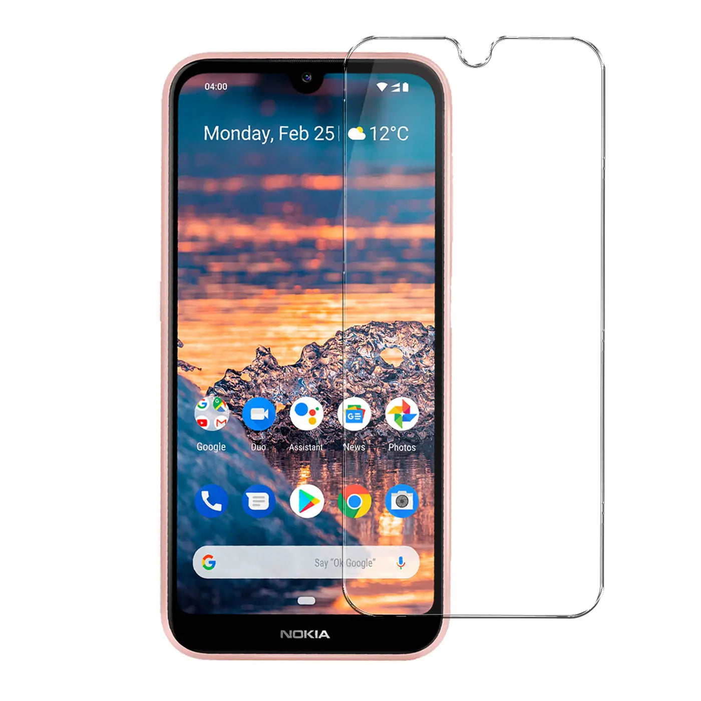 Rosa Nokia 4.2 Smartphone mit Display an, daneben ein klares Panzerglas Displayschutz, schräg von vorne.