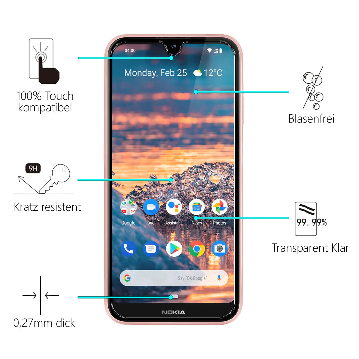 Rosa Nokia 4.2 Smartphone, frontal, mit Displayschutz und Infografiken zu Touch, Kratzfestigkeit, Blasenfreiheit.