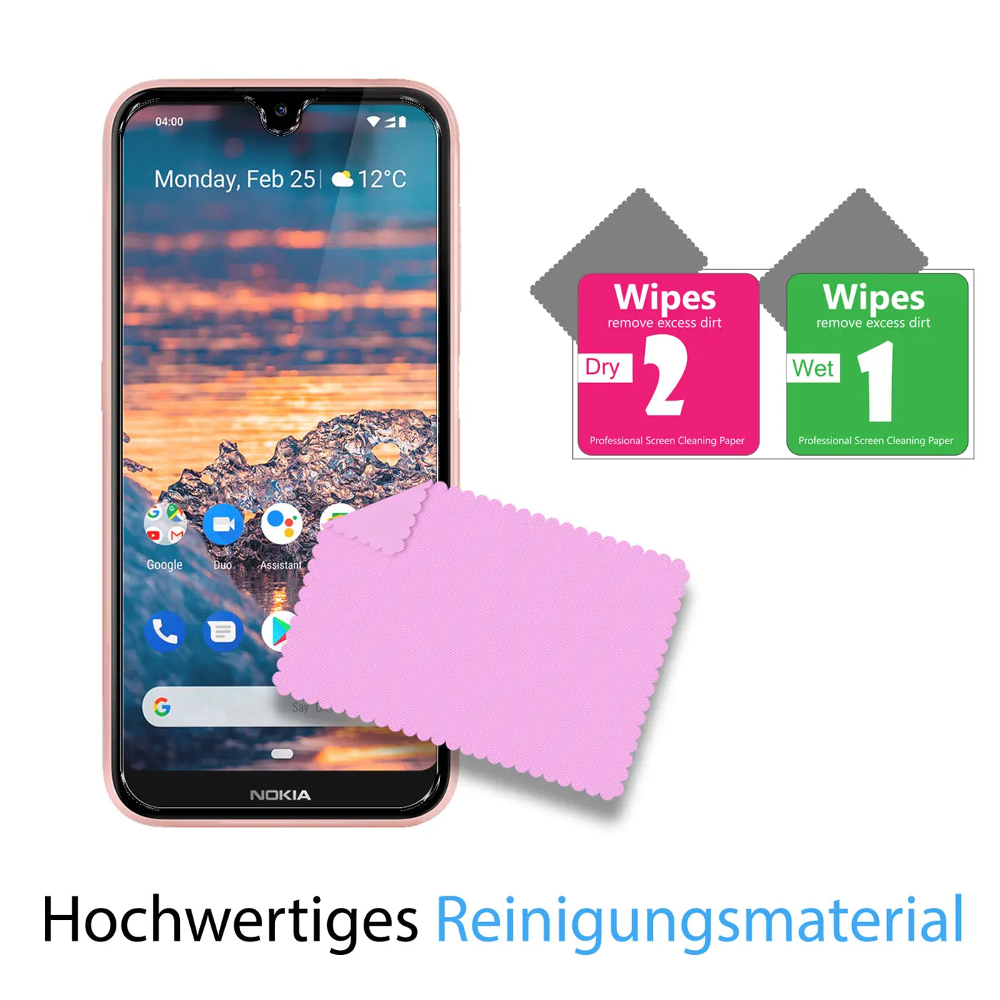 Nokia 4.2 Smartphone mit rosa Gehäuse, pinkem Reinigungstuch und zwei "Wipes" (nass/trocken) von vorne.