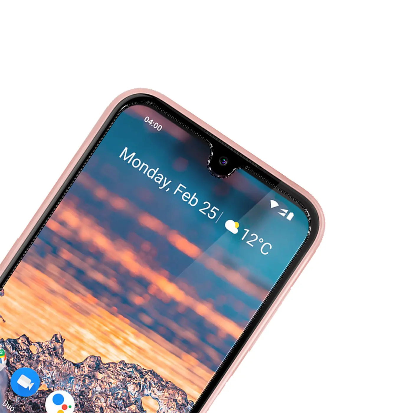 Nahaufnahme eines Nokia 4.2 Smartphones mit rosa Rahmen, schräg von oben, zeigt Displayschutz aus Panzerglas.