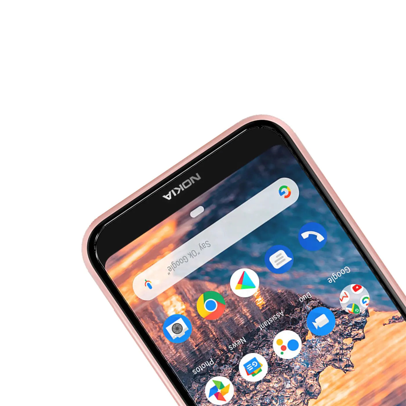 Nahaufnahme eines Nokia 4.2 Smartphones mit rosa Rahmen, Display mit Google-Suchleiste und App-Icons, schräg von oben.