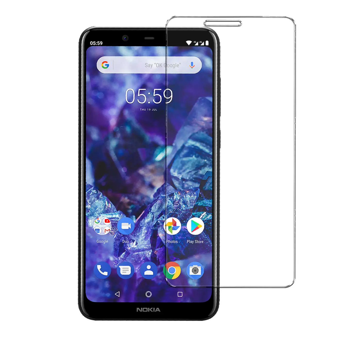 Schwarzes Nokia 5.1 Smartphone mit lila Hintergrundbild, daneben ein transparentes Panzerglas von vorne.