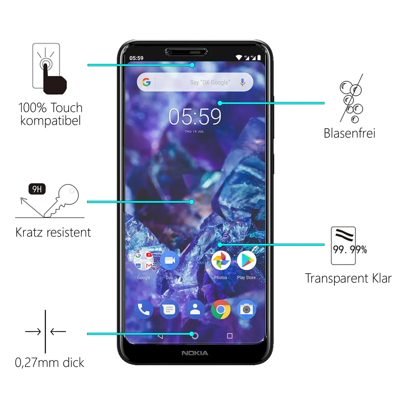 Schwarzes Nokia 5.1 Smartphone mit lila Hintergrundbild, frontal abgebildet. Umrisse und Text beschreiben Panzerglas.