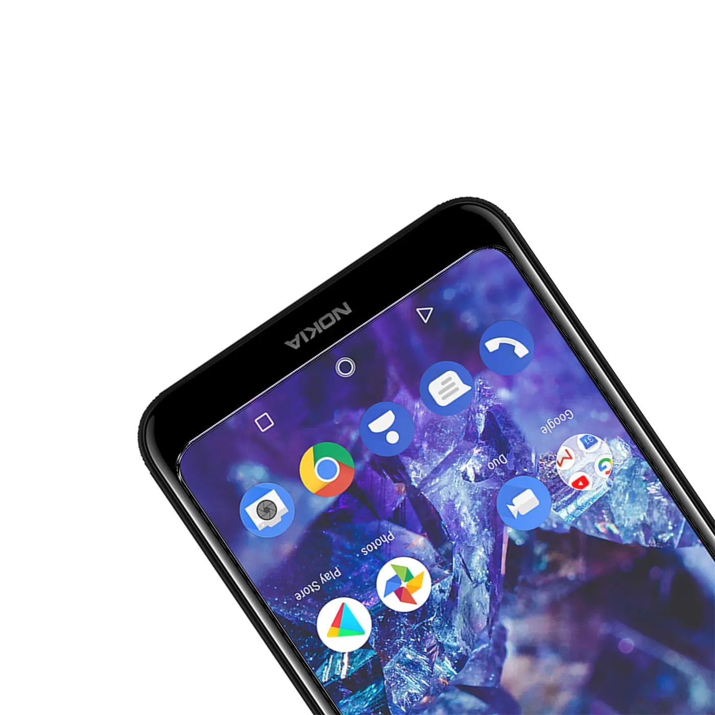 Nahaufnahme eines schwarzen Nokia 5.1 Smartphones, schräg von oben. Das Display zeigt App-Icons auf einem lila Hintergrund.