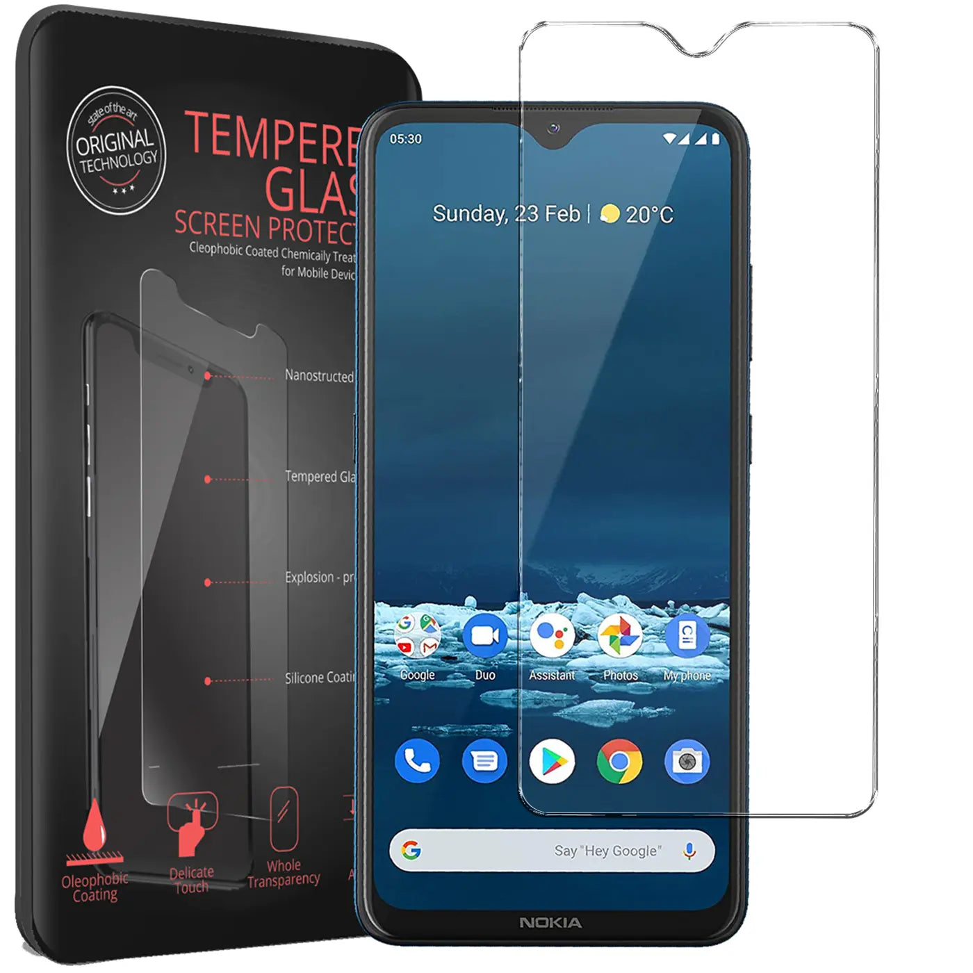 Schwarzes Nokia 5.3 Smartphone mit Display und daneben liegendem transparentem Panzerglas, links die schwarze Verpackung.