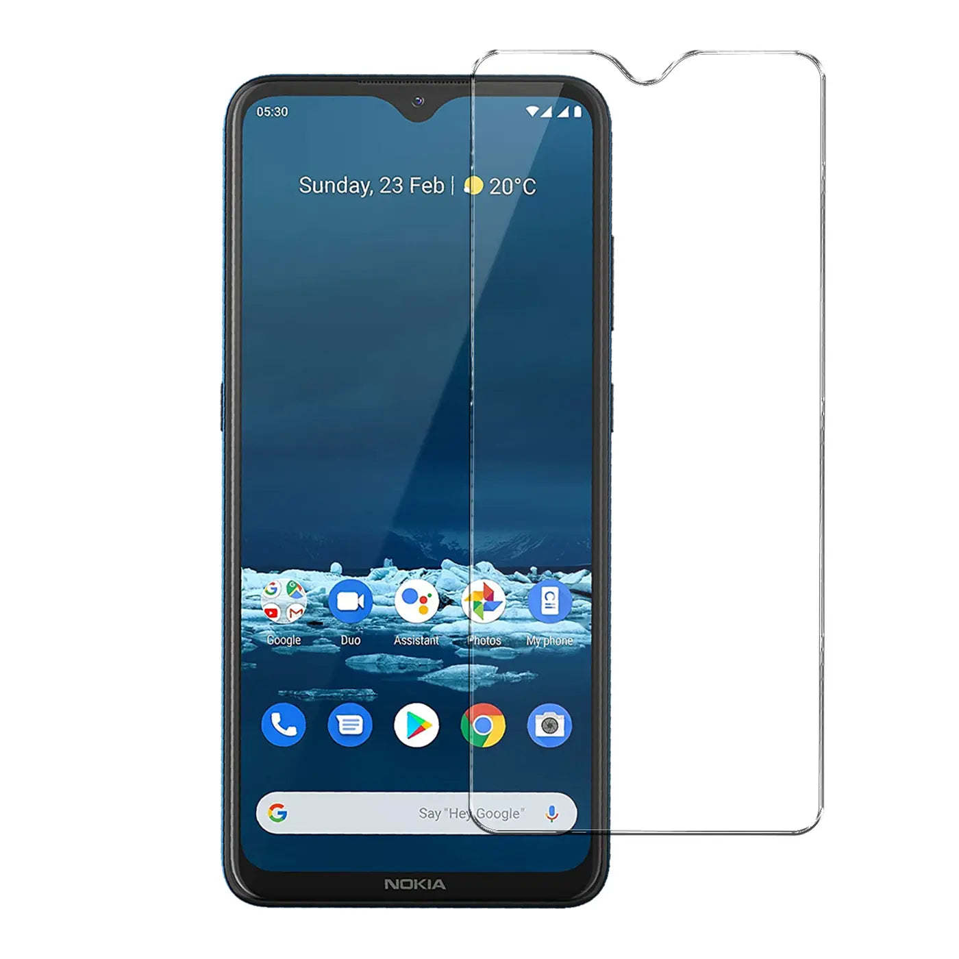 Nokia 5.3 Smartphone mit aufgelegtem, transparentem Panzerglas Displayschutz von vorne, leicht rechts versetzt.