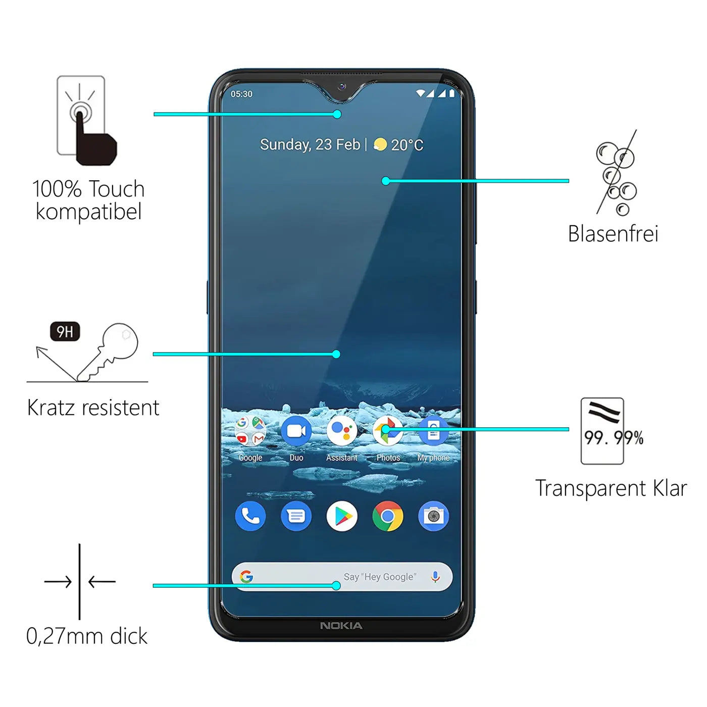 Schwarzes Nokia 5.3 Smartphone frontal, umgeben von Piktogrammen und Texten zu Displayschutz-Eigenschaften.