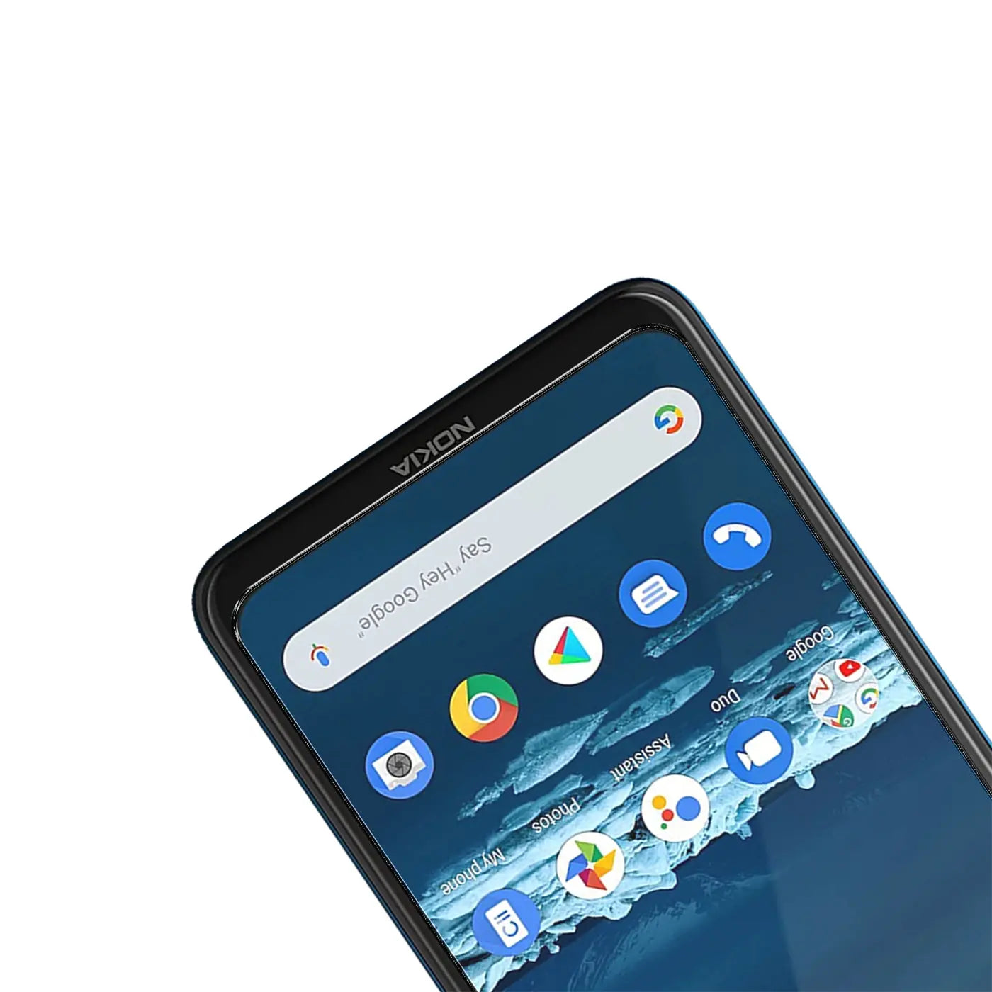 Schwarzes Nokia 5.3 Smartphone, Display mit Google-Suchleiste und App-Icons, schräg von oben rechts.