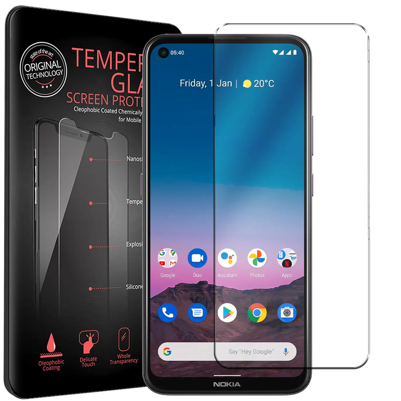 Schwarzes Nokia 5.4 Smartphone mit angebrachtem transparenten Panzerglas Displayschutz, ein zweiter liegt rechts daneben.