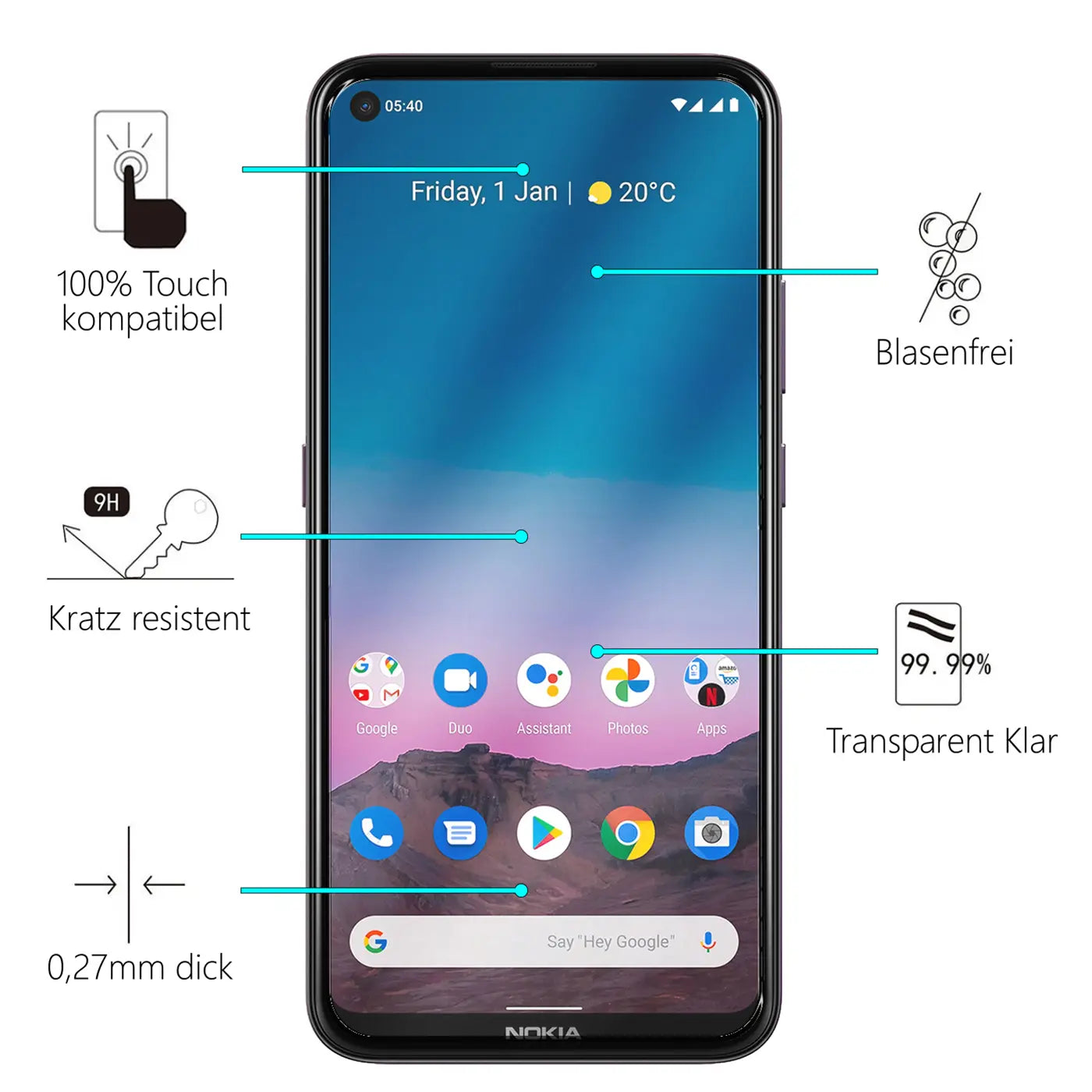 Schwarzes Nokia 5.4 Smartphone, frontal, mit Infografiken zu den Eigenschaften des transparenten Panzerglas-Displayschutzes.