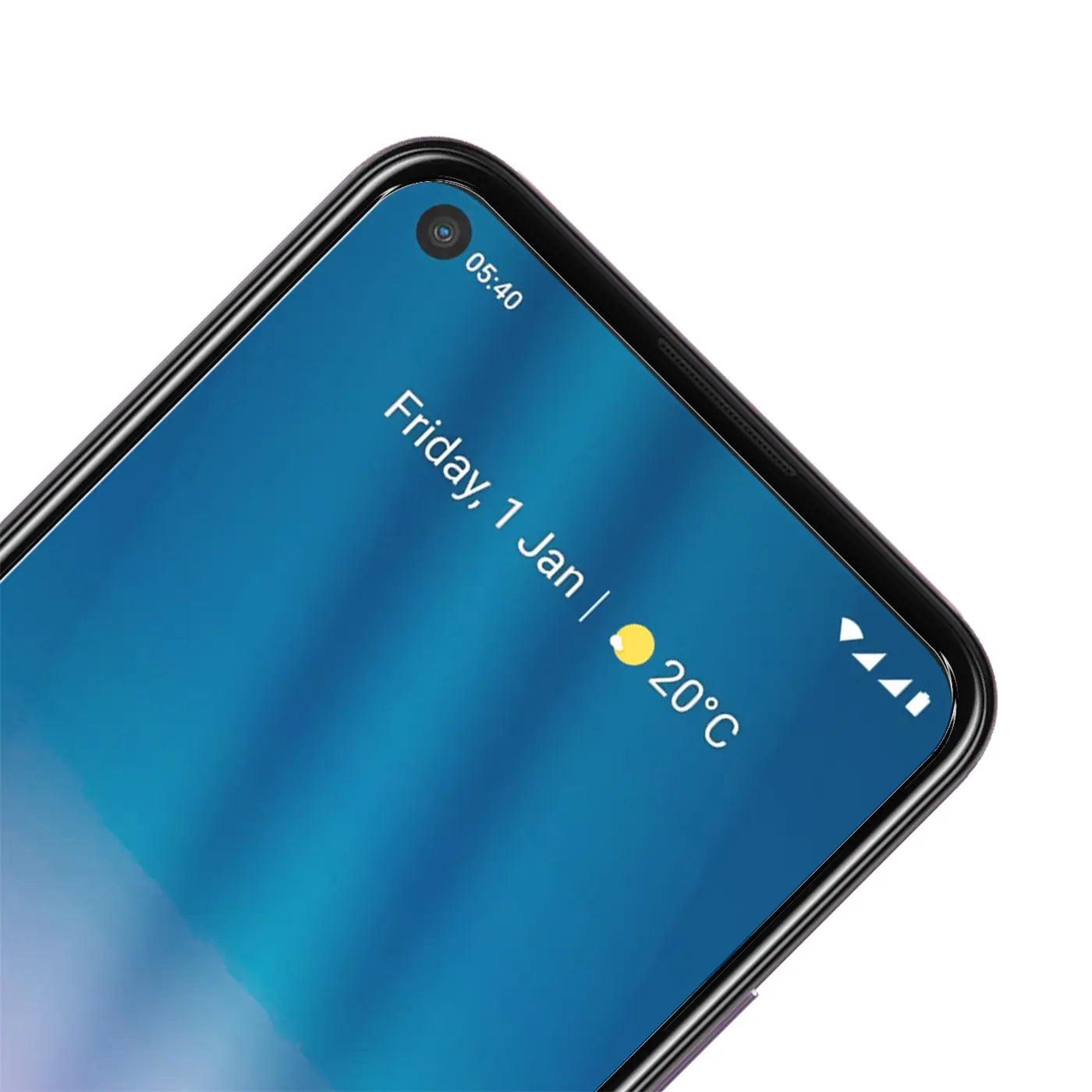 Nahaufnahme des oberen linken Bereichs eines schwarzen Nokia 5.4 Smartphones mit blauem Display, schräg von oben.