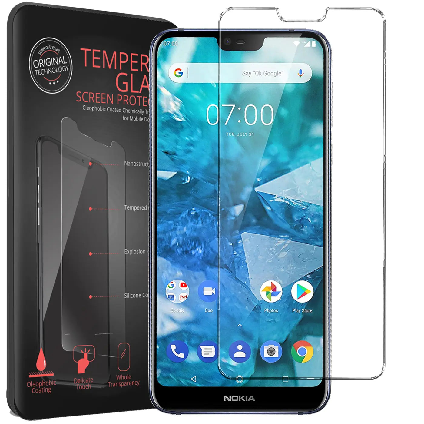 Zwei transparente Panzerglas-Displayschutzfolien für Nokia 7.1, eine auf dem Handy, eine daneben, links die schwarze.
