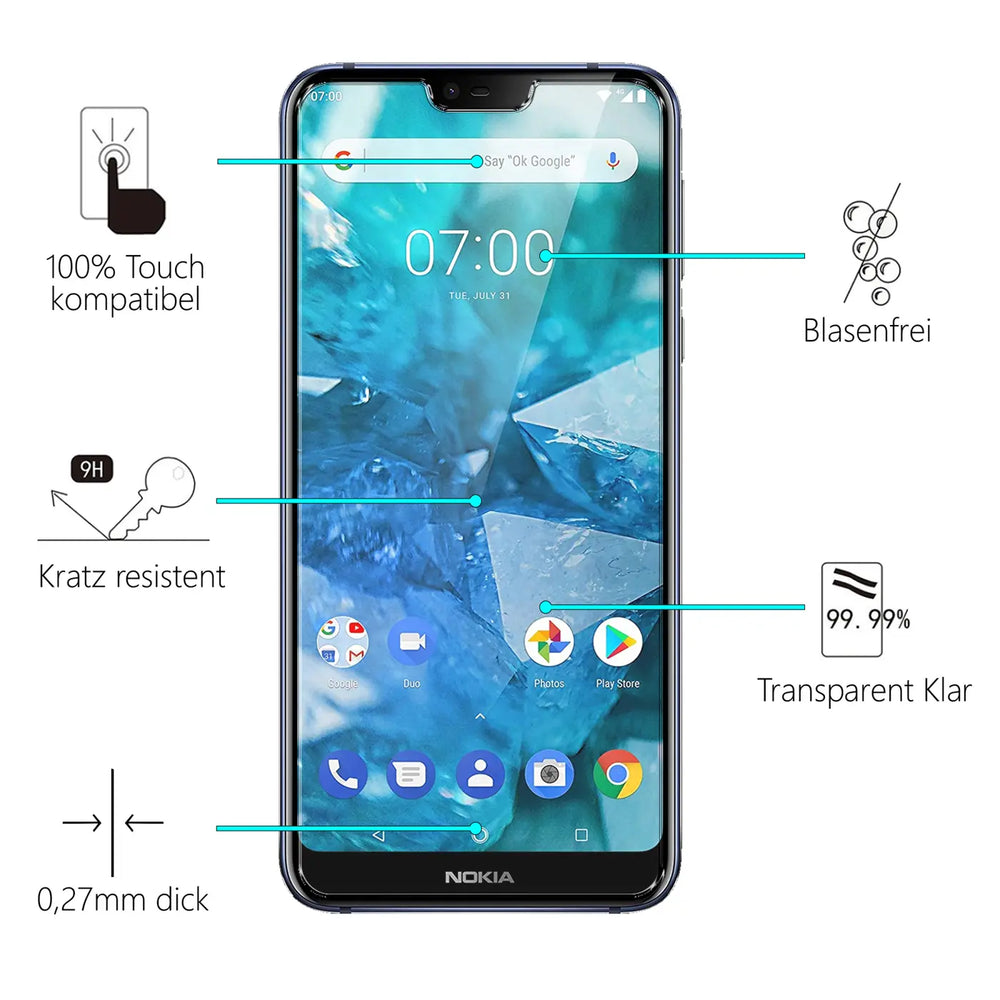 Nokia 7.1 Smartphone, frontal, mit blauer Kristall-Tapete und App-Icons. Umgeben von Piktogrammen und Text zu Eigenschaften.