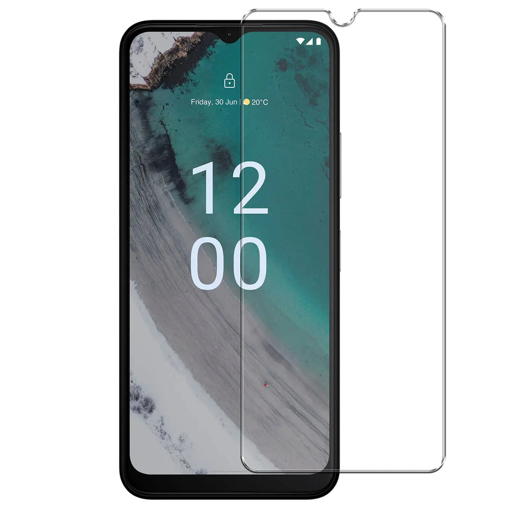 Schwarzes Nokia C32 Smartphone mit teilweisem, transparentem Panzerglas Displayschutz von vorne.