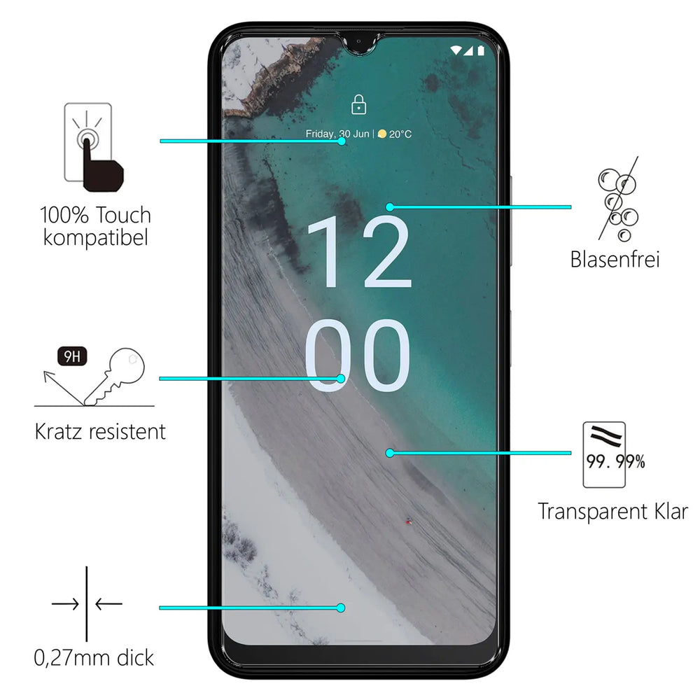 Schwarzes Nokia C32 Smartphone mit Panzerglas-Displayschutz, frontal. Eigenschaften wie kratzresistent und blasenfrei sind.