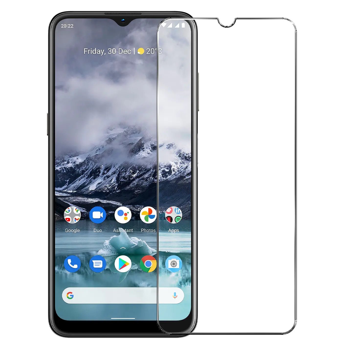 Schwarzes Nokia G11/G21 Smartphone mit transparentem Panzerglas-Displayschutz (9H) von vorne, leicht schräg.