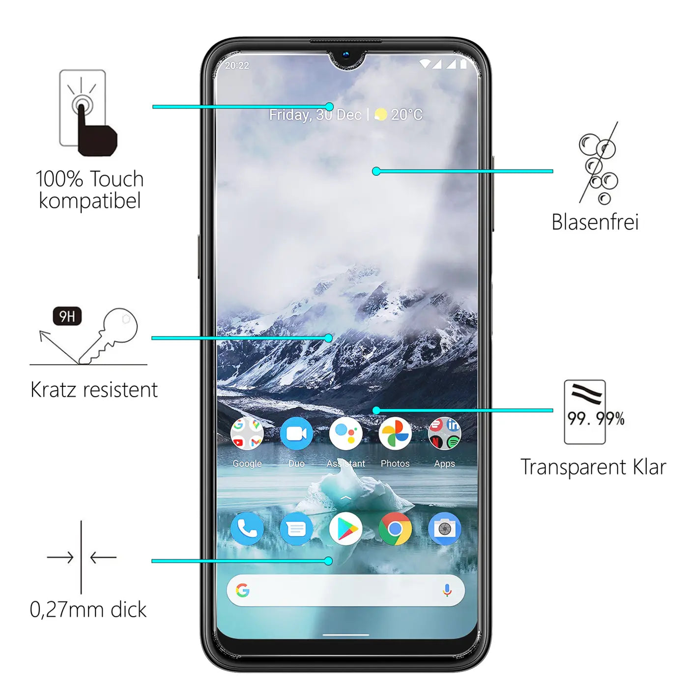 Schwarzes Nokia G11/G21 Smartphone, frontal, mit Panzerglas Displayschutz. Eigenschaften wie kratzresistent, blasenfrei.