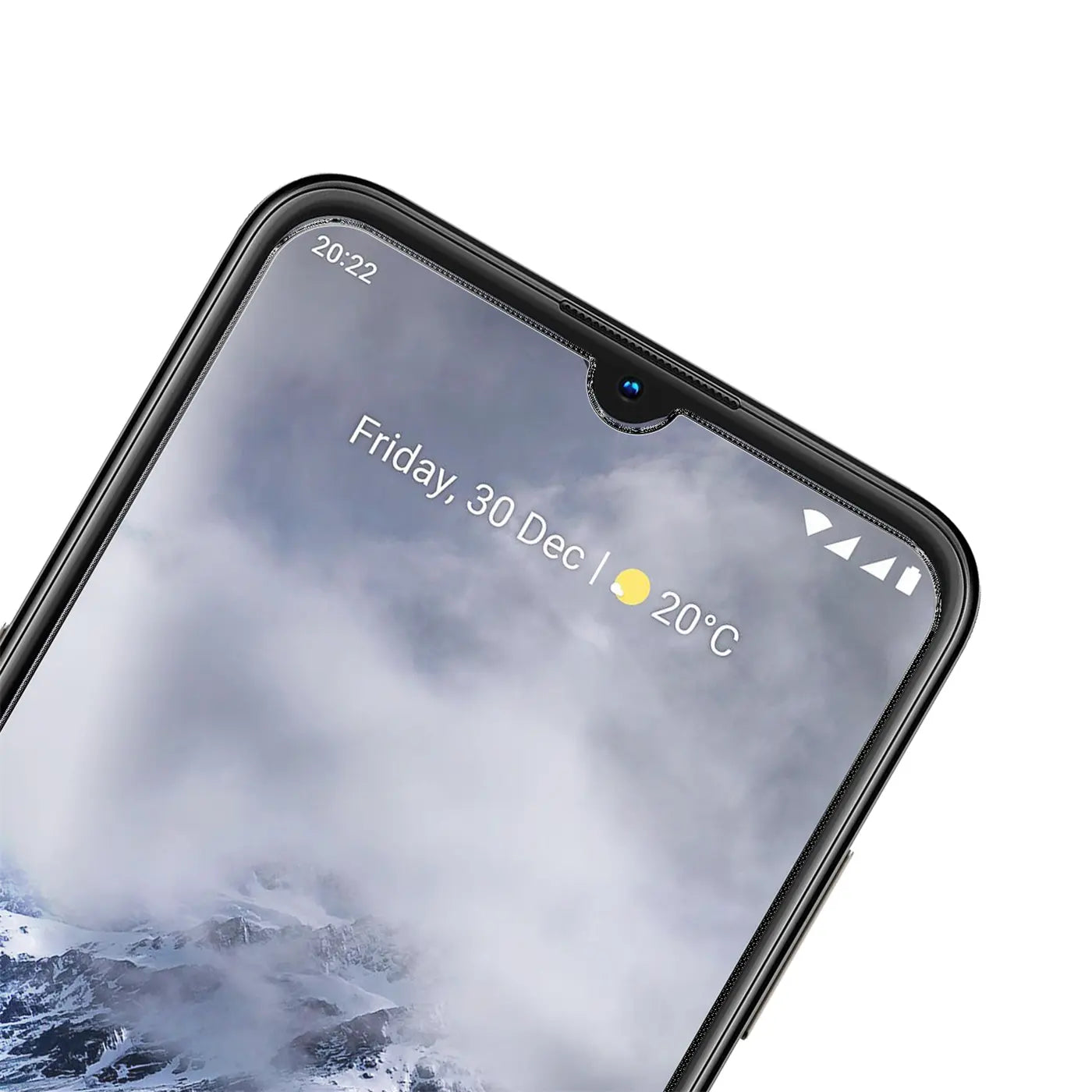 Nahaufnahme des oberen Bereichs eines schwarzen Nokia G11/G21 Smartphones mit Displayschutz und Wassertropfen-Notch.
