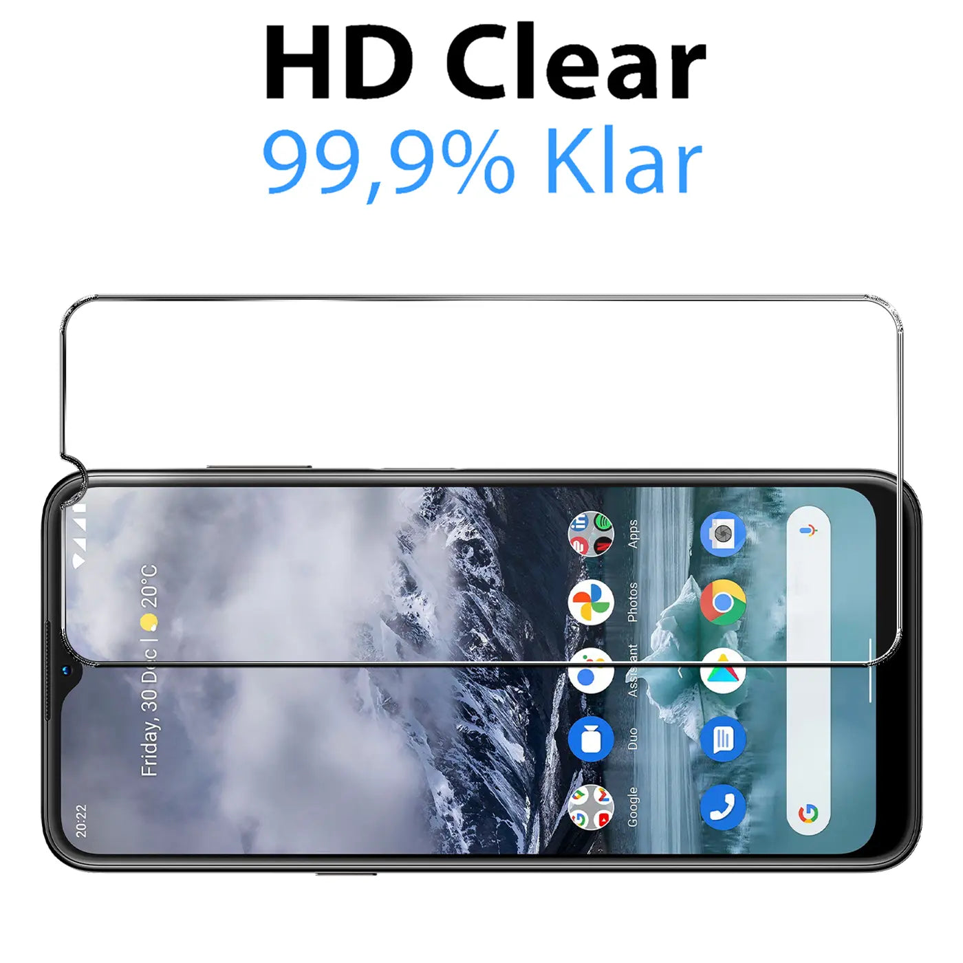 Ein schwarzes Nokia G11/G21 liegt horizontal, darauf ein klarer Panzerglas-Displayschutz, halb angebracht.