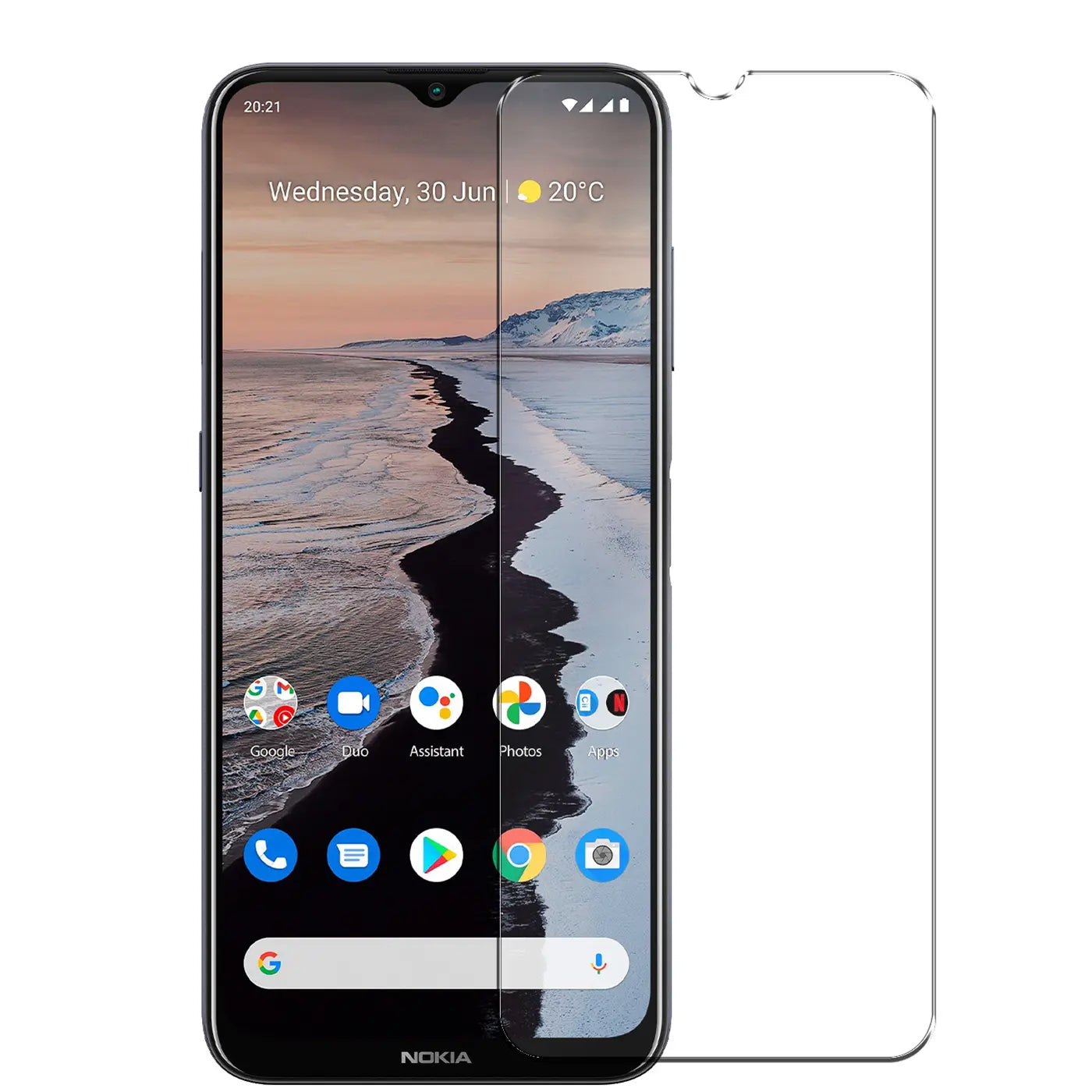 Nokia G20/G10 Handy mit halb angebrachtem, transparentem Panzerglas-Displayschutz von vorne.
