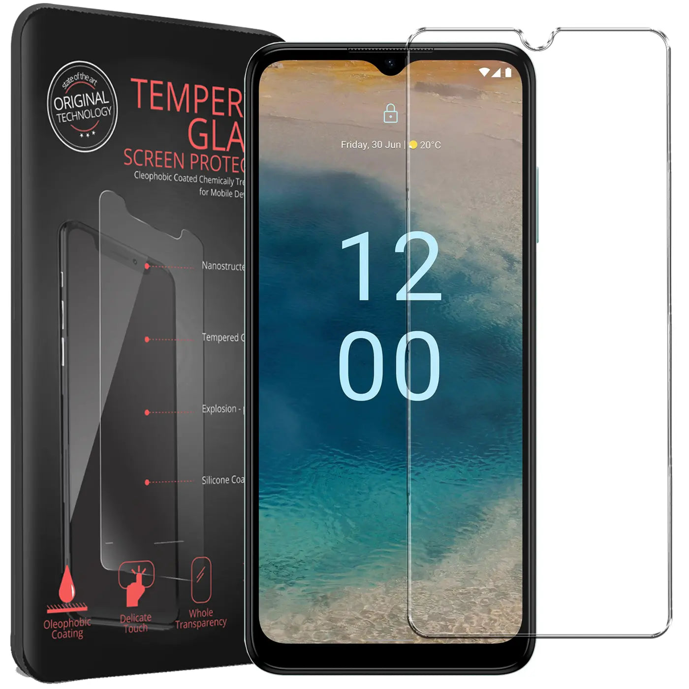 Schwarzes Nokia G22 Smartphone mit Display und daneben liegendem, transparentem Panzerglas-Displayschutz.