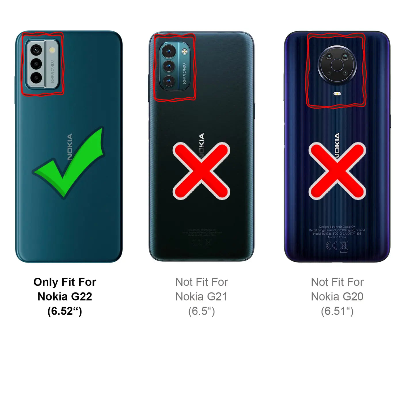 Drei Nokia-Smartphones (G22, G21, G20) von hinten. Das G22 (blau) hat einen grünen Haken, die anderen ein rotes X.