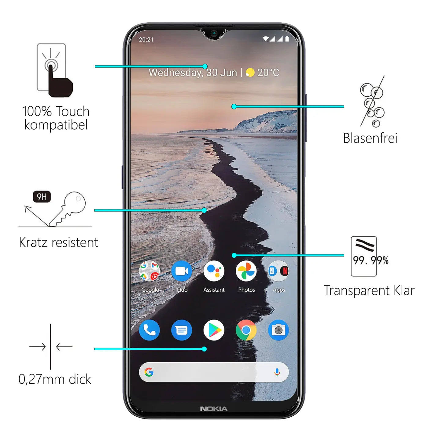 Nokia G22 Smartphone, frontal, mit transparentem Panzerglas-Displayschutz. Merkmale wie 9H-Härte und Blasenfreiheit sind.