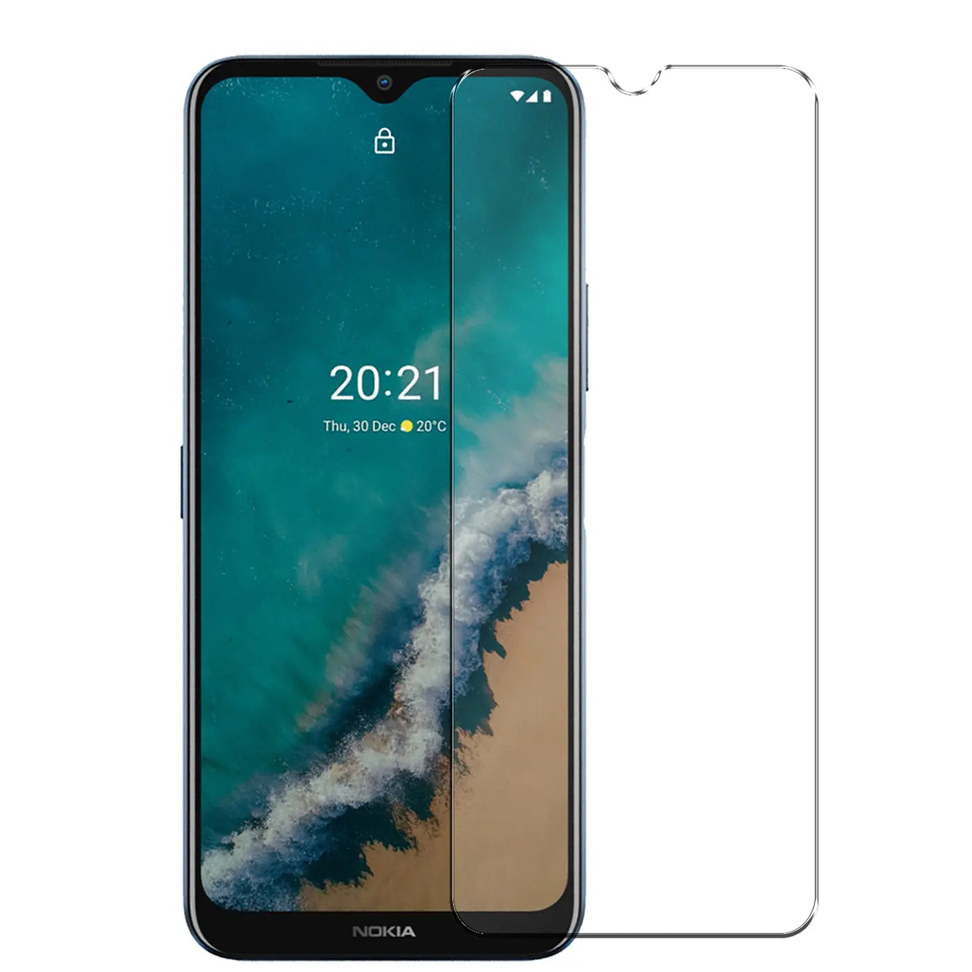 Nokia G50 Smartphone mit teilweisem Displayschutz aus transparentem Panzerglas, frontal auf weißem Hintergrund.