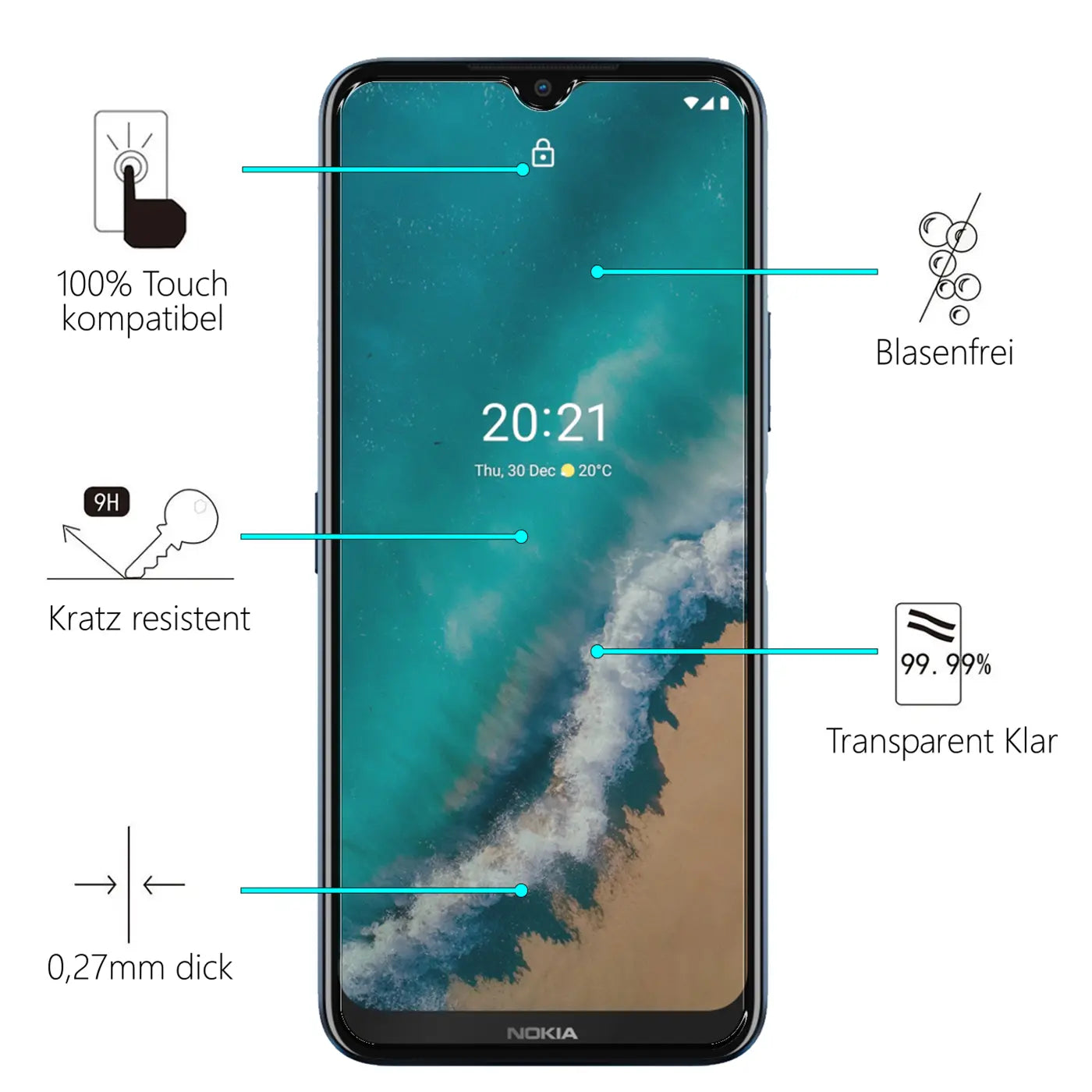 Schwarzes Nokia G50 Smartphone frontal, umgeben von Icons und Texten, die Eigenschaften des Panzerglases beschreiben.