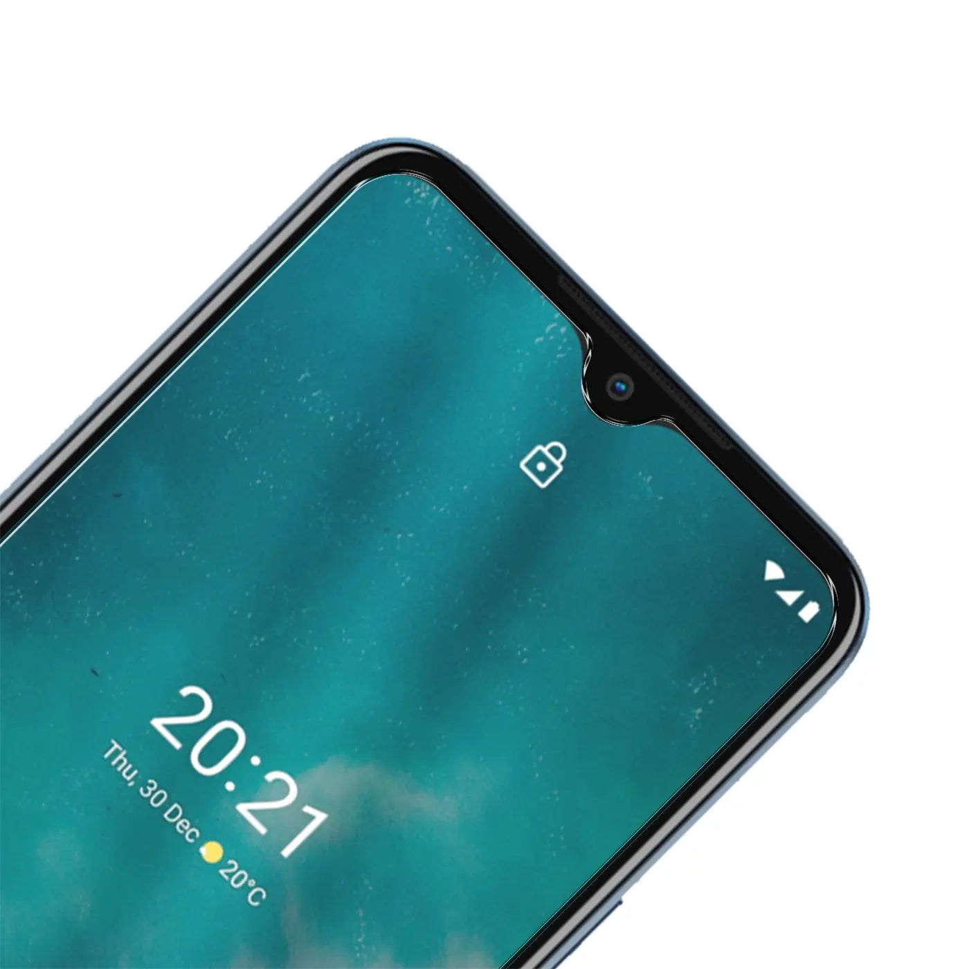 Oberer Teil eines Nokia G50 Smartphones mit blauem Display, schräg von oben. Panzerglas-Displayschutz sichtbar.
