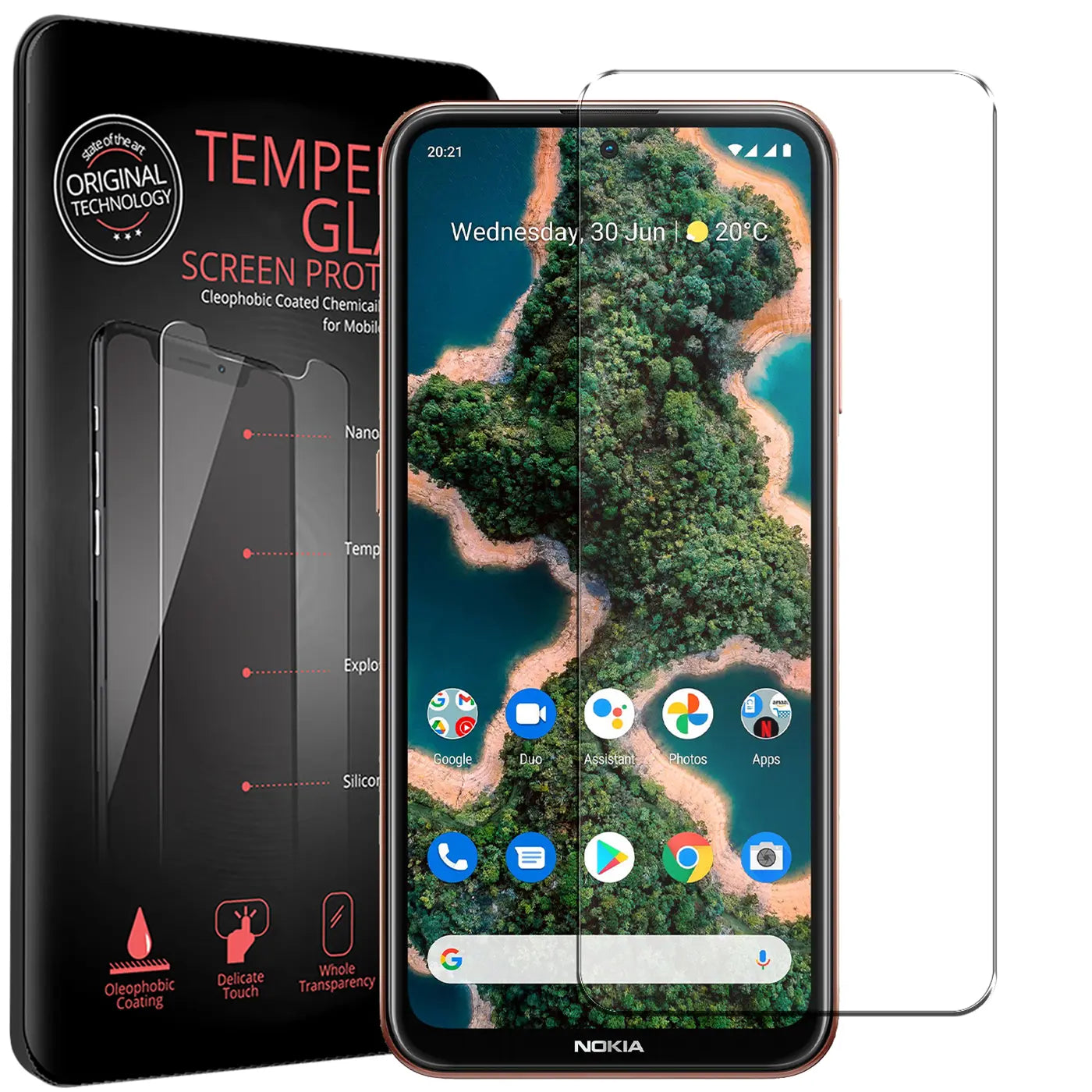 Schwarze Verpackung mit Panzerglas, Nokia X20/X10 Smartphone mit Panzerglas und ein weiteres Panzerglas. Frontalansicht.