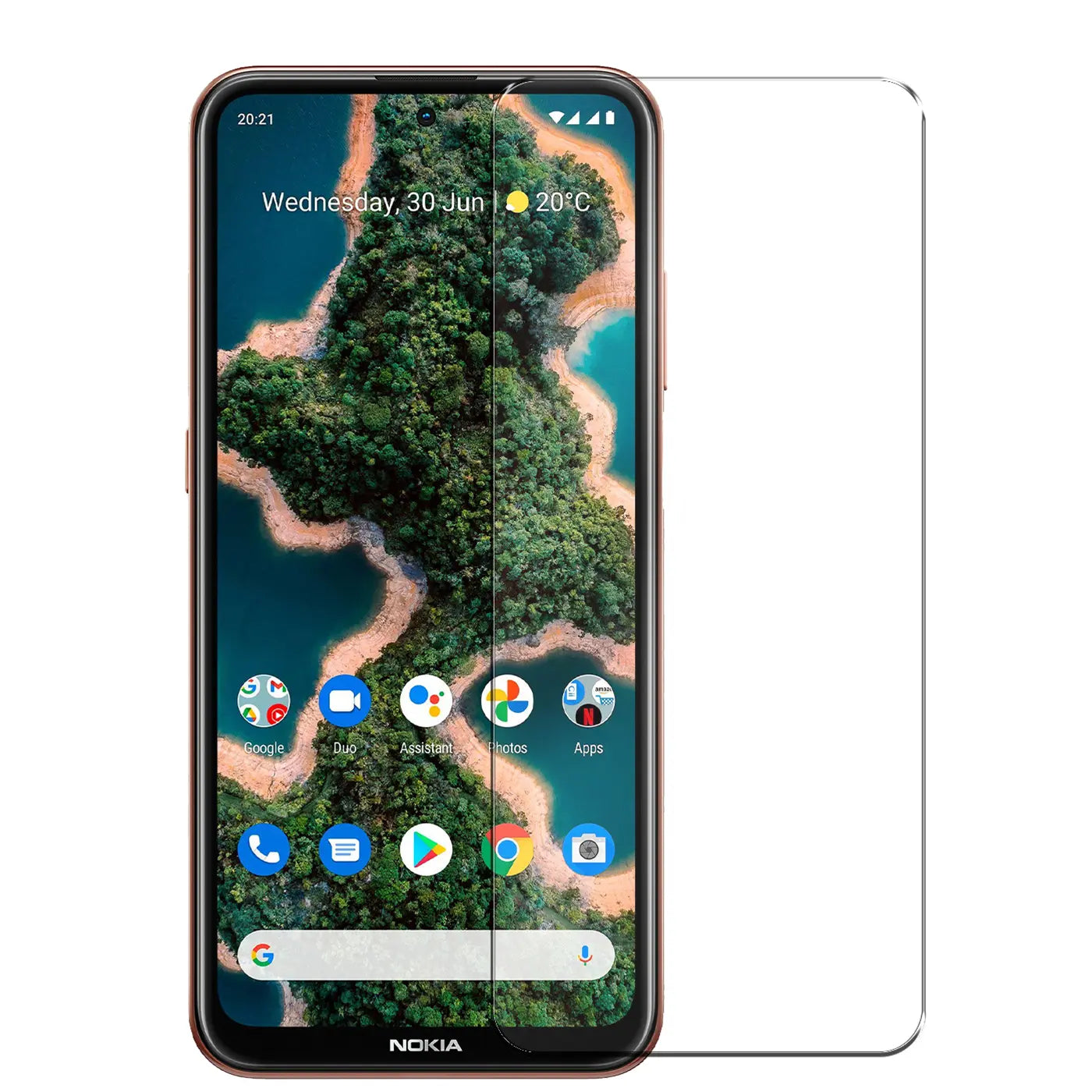 Braunes Nokia X20/X10 Handy von vorne mit angebrachtem Panzerglas und einem weiteren daneben.