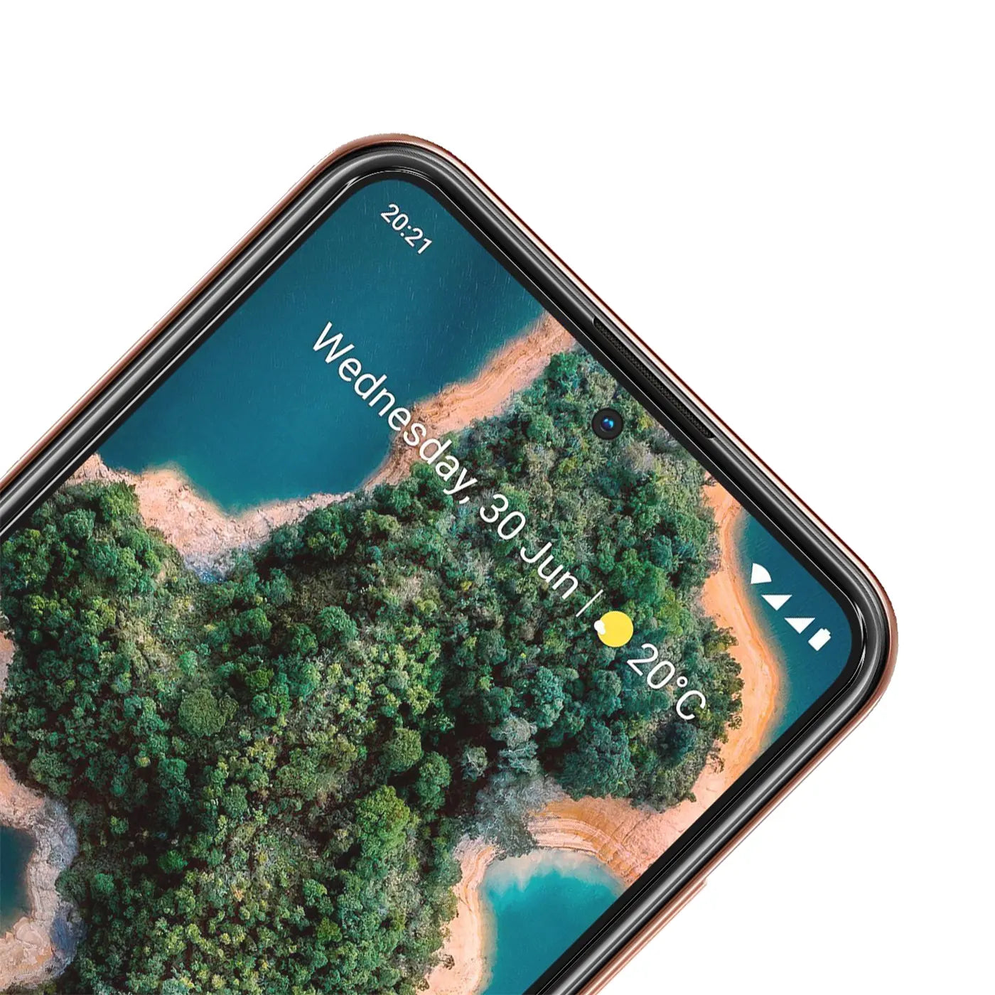 Nahaufnahme des oberen Bereichs eines Nokia X20/X10 Smartphones mit Panzerglas-Displayschutz, schräg von oben.