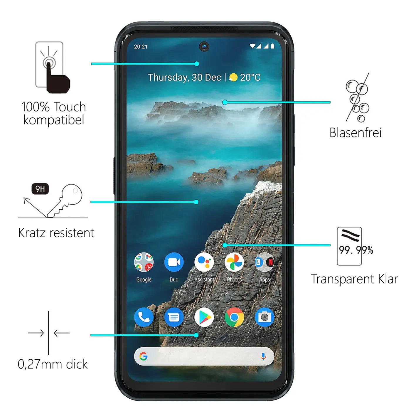 Schwarzes Nokia XR21 Smartphone, frontal, mit Displayschutzfolie und Infografiken zu Eigenschaften wie Kratzfestigkeit.