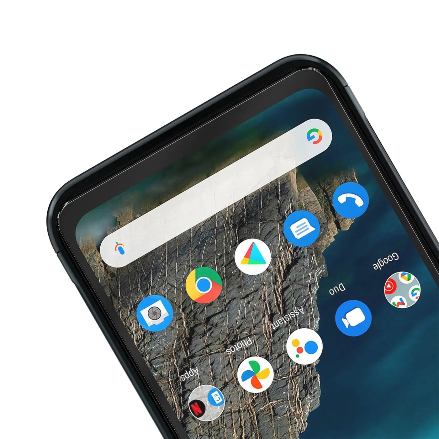 Nahaufnahme des oberen linken Bereichs eines schwarzen Nokia XR21 Smartphones mit Panzerglas-Displayschutz.