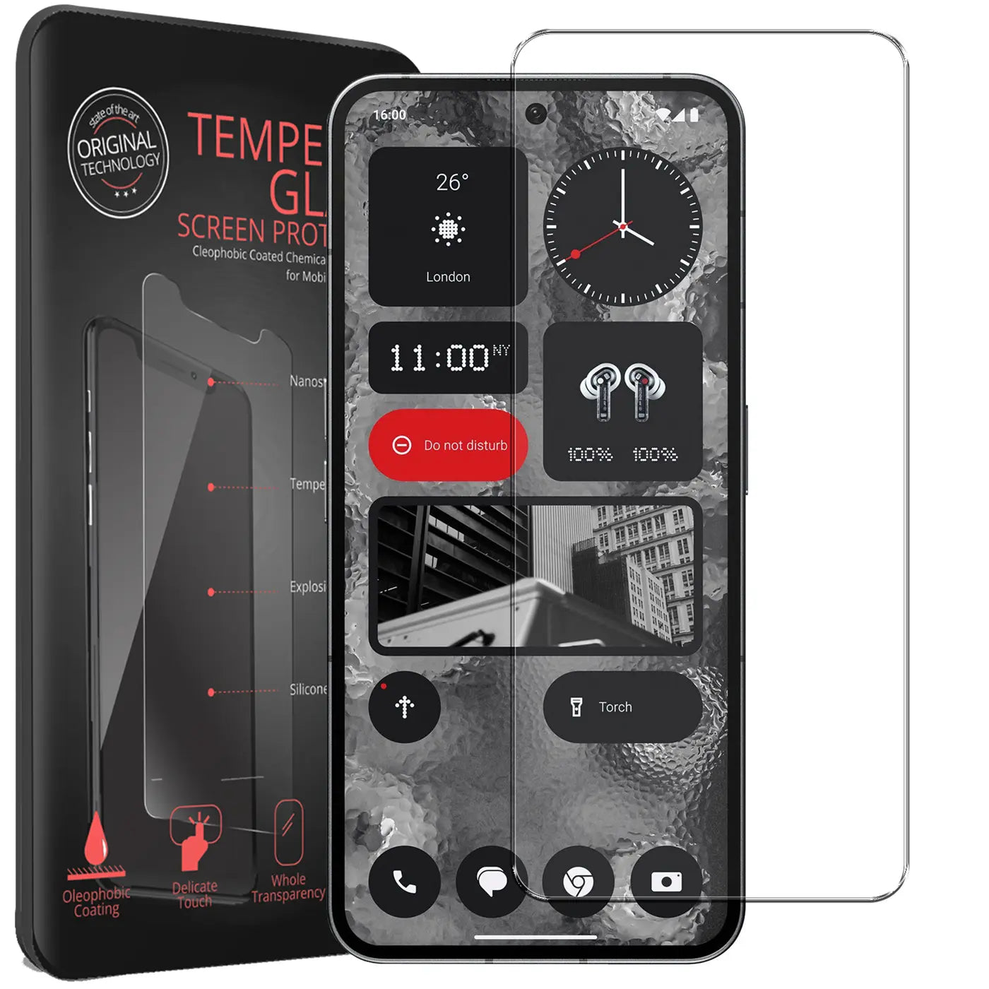 Schwarze Verpackung, Nothing Phone 2 mit Panzerglas und ein weiteres Panzerglas, von vorne.