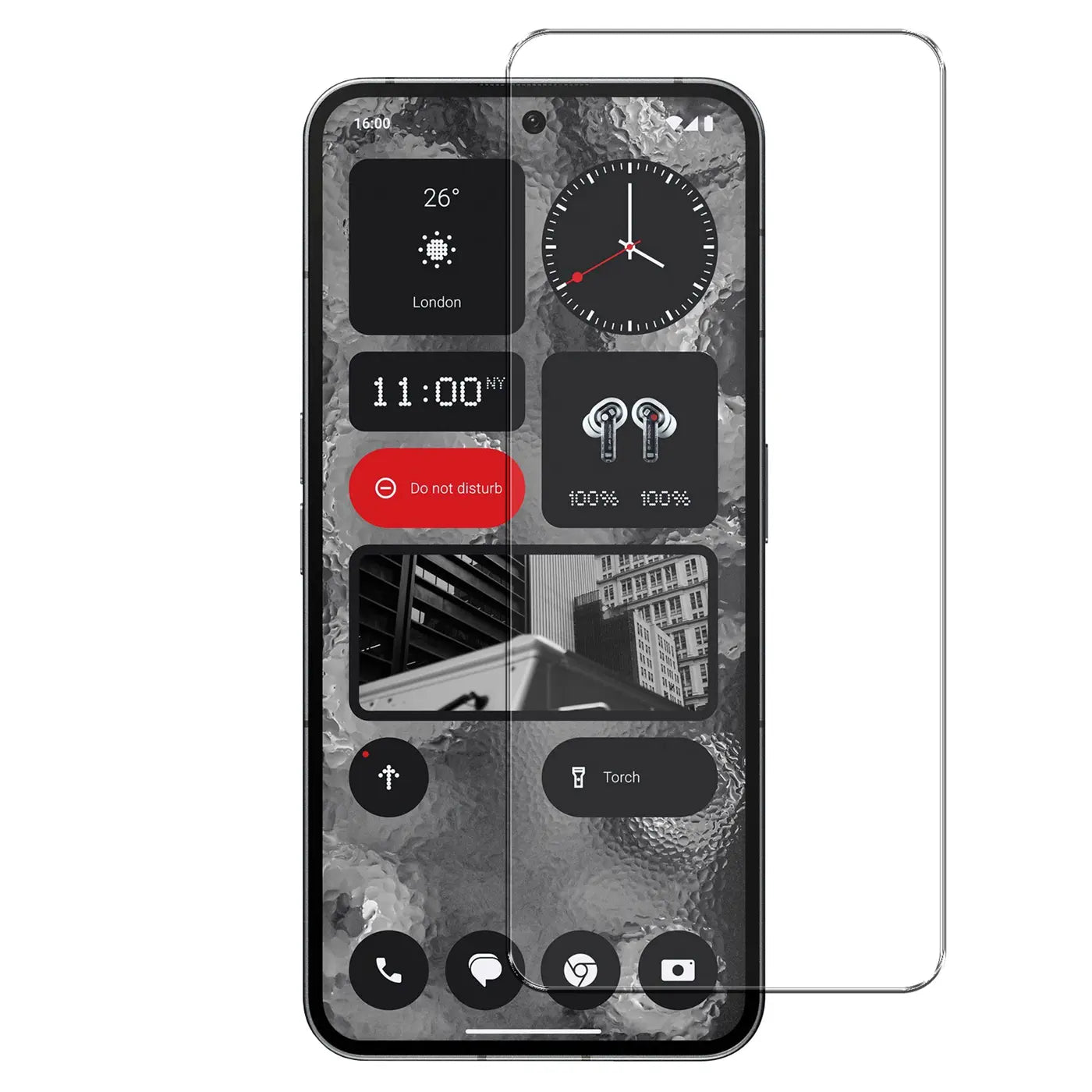 Nothing Phone 2 mit schwarzem Display, von vorne, daneben ein transparentes Panzerglas.