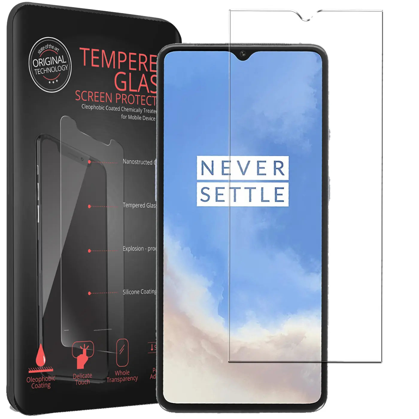 Schwarze Verpackung, OnePlus 7T mit "Never Settle"-Display und ein transparentes Panzerglas von vorne.