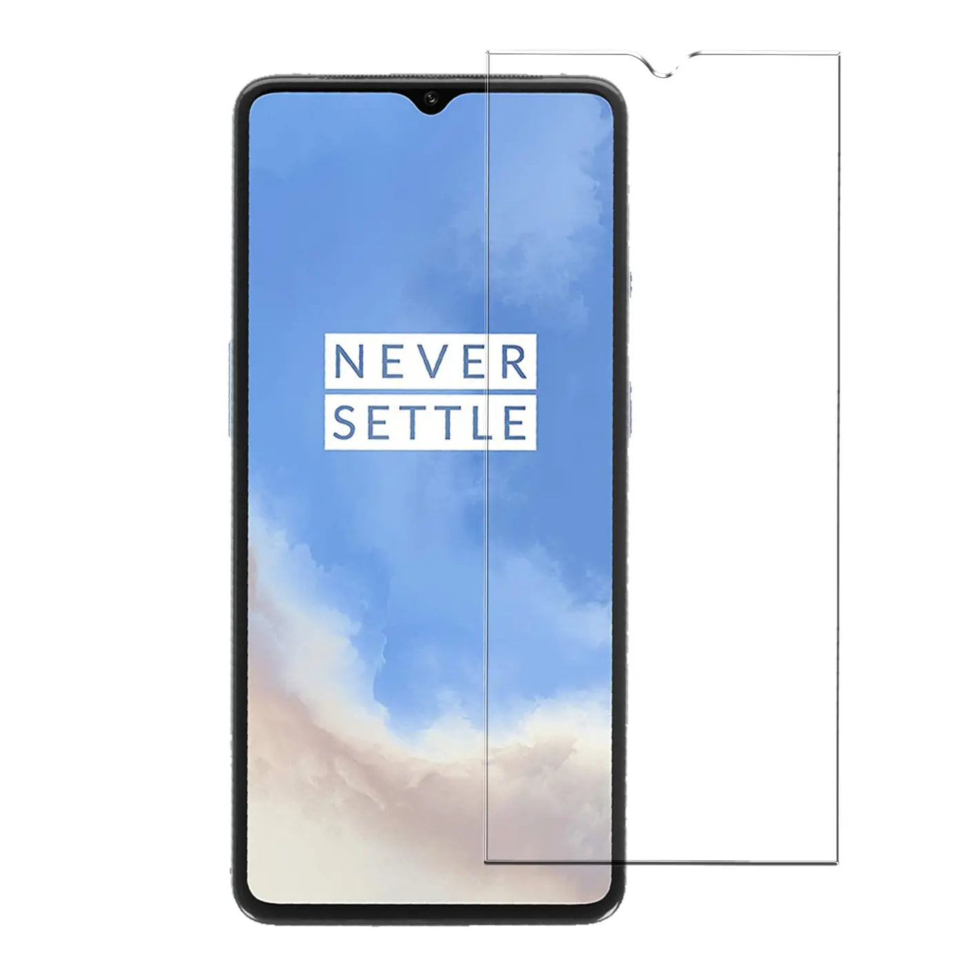 OnePlus 7T Smartphone mit schwarzem Rahmen, frontal, links ein transparentes Panzerglas, rechts ein weiteres.