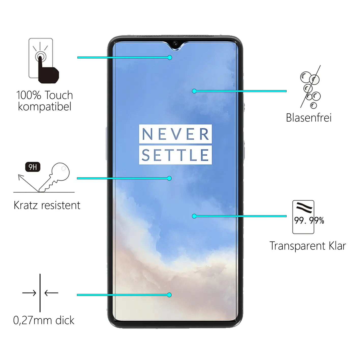 Schwarzes OnePlus 7T Smartphone frontal mit "NEVER SETTLE" auf Display. Blaue Linien zeigen auf Eigenschaften wie "Kratz.