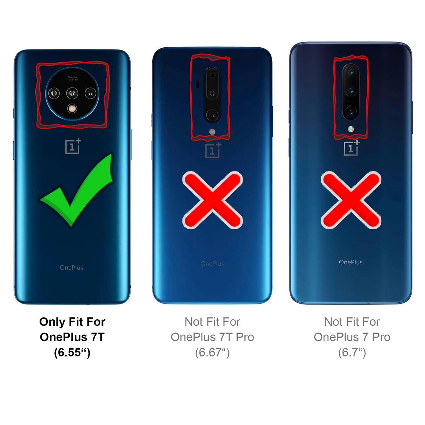 Drei blaue OnePlus-Handys von hinten, zeigen Kameraausschnitte. Links OnePlus 7T mit grünem Haken, rechts zwei andere.
