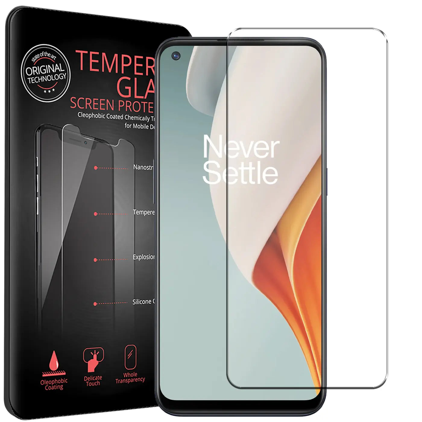 Zwei transparente Panzerglas-Displayschutzfolien für OnePlus N100, eine auf dem Handy, eine daneben. Schwarze Verpackung.