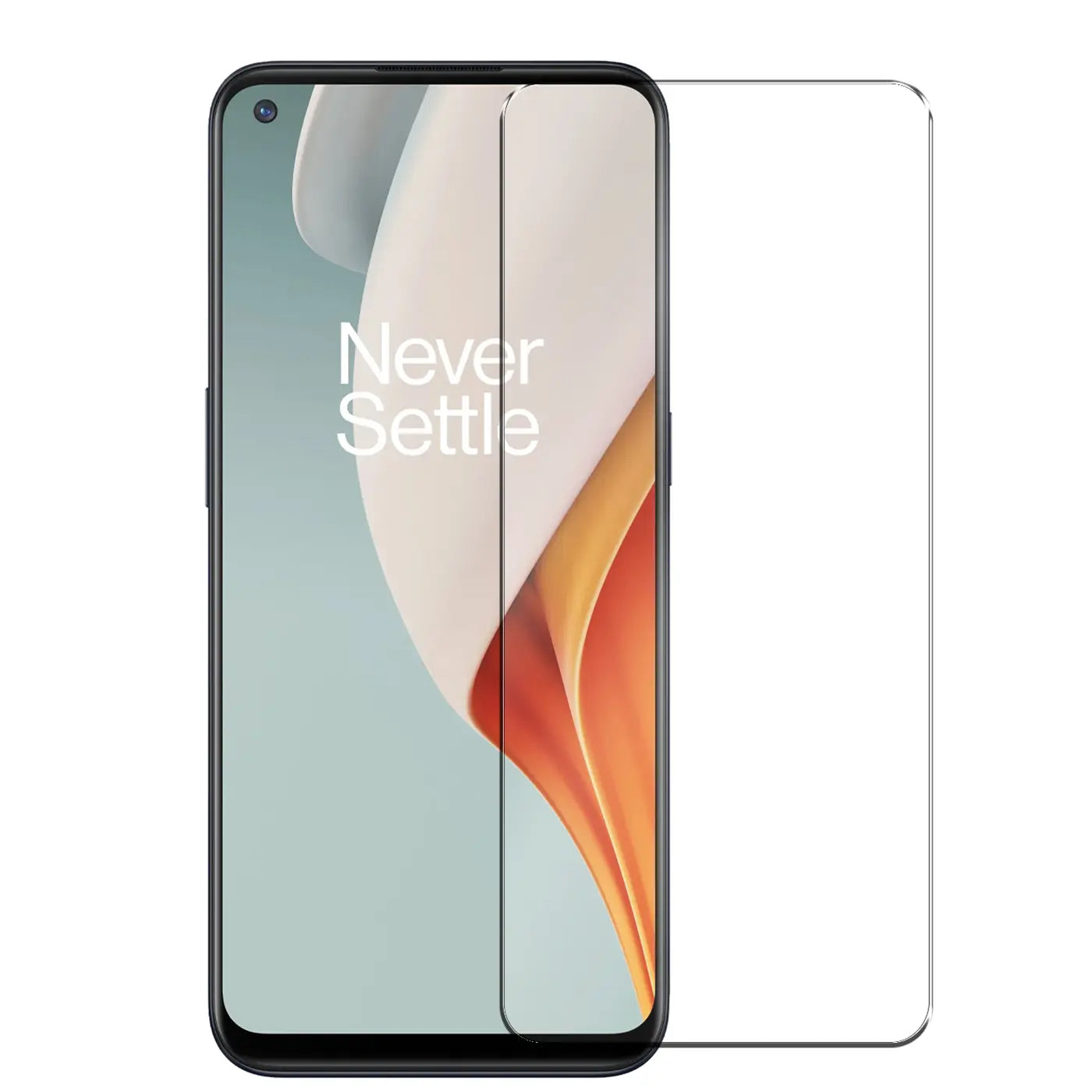 OnePlus N100 Smartphone mit schwarzem Rahmen, frontal, links ein Panzerglas aufgelegt, rechts ein zweites daneben.