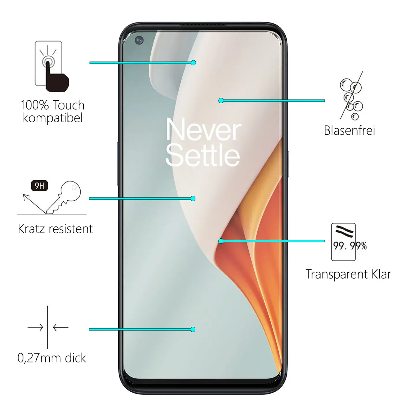 Schwarzes OnePlus N100 Smartphone frontal, mit transparentem Panzerglas-Displayschutz und Infografiken zu Eigenschaften.