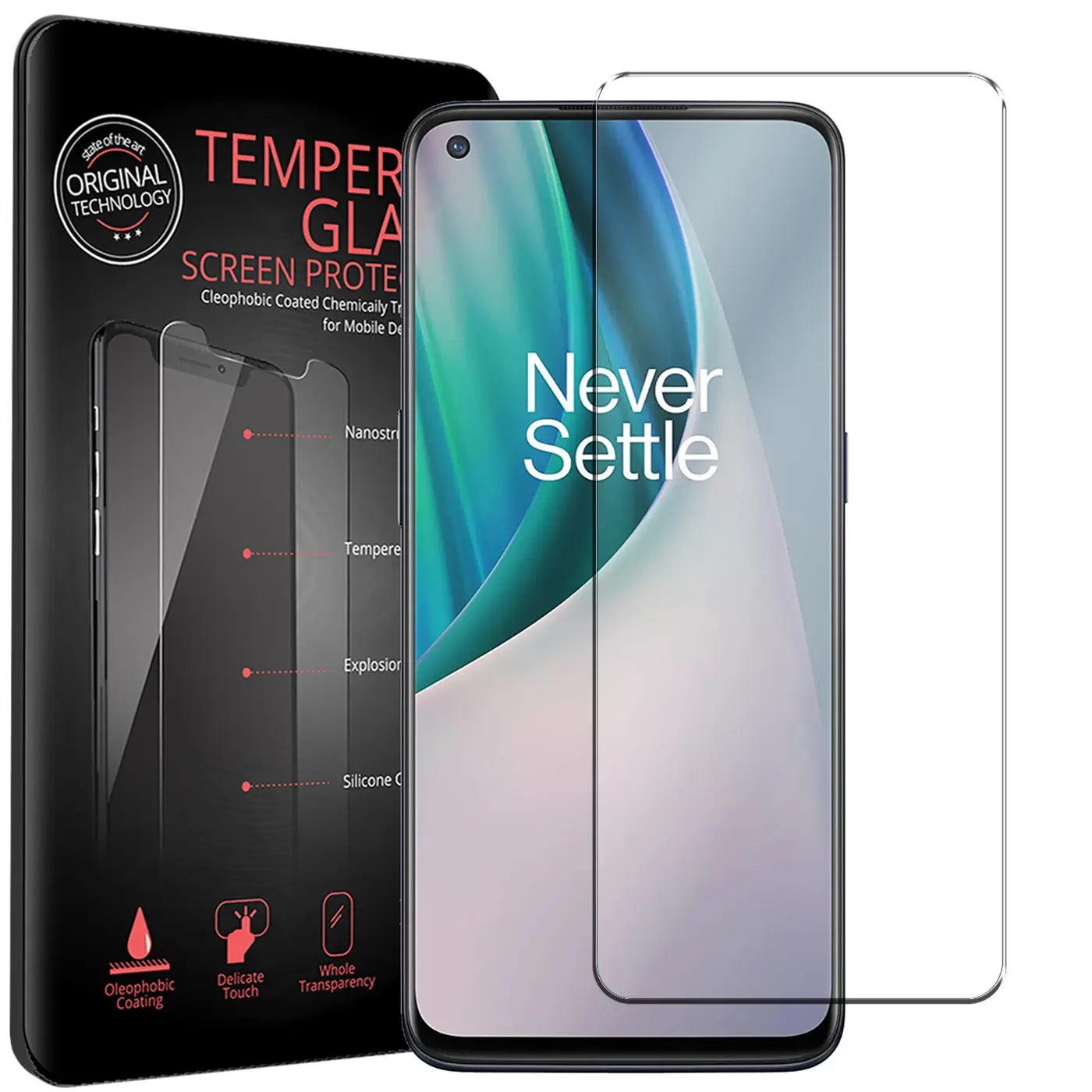 Schwarze Verpackung mit 2 transparenten Panzerglas-Displayschutzfolien für OnePlus N10 5G, schräg von vorne.