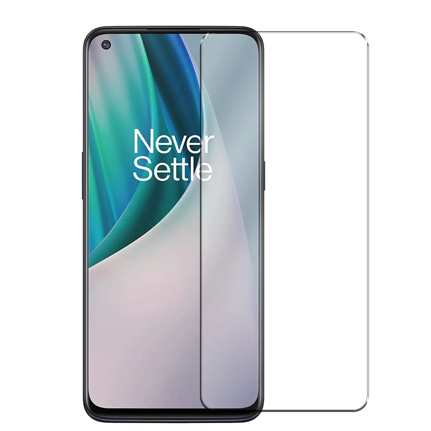 OnePlus N10 5G mit halb aufgebrachtem, transparentem Panzerglas-Displayschutz, Frontansicht.