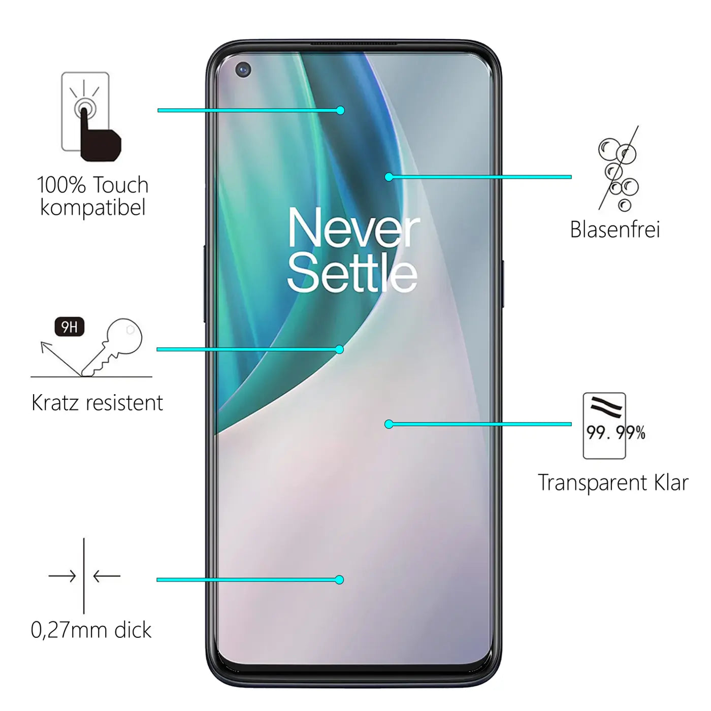 Schwarzes OnePlus N10 5G Handy frontal mit Display "Never Settle" und Eigenschaften des Panzerglases: 9H, 0,27mm.