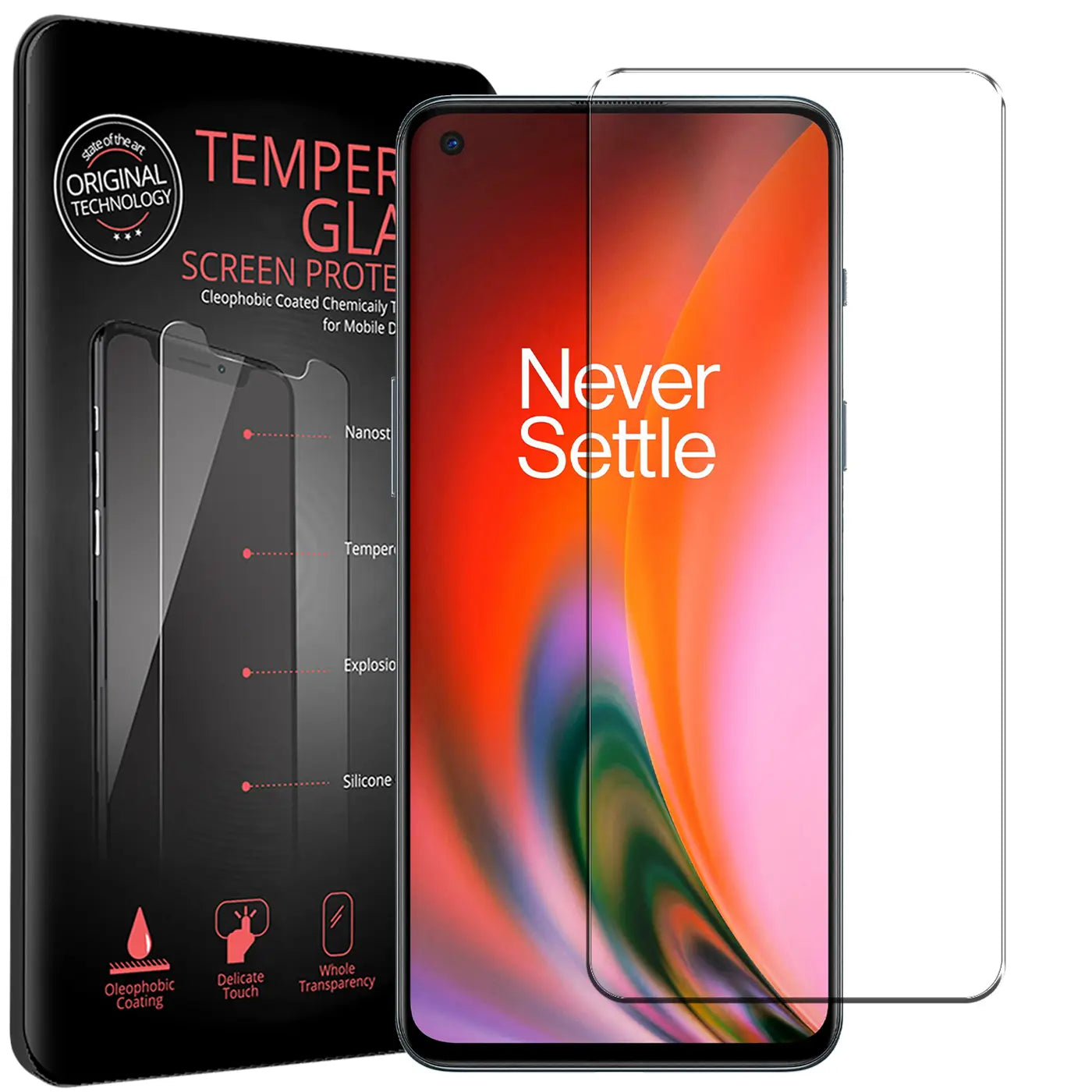 Schwarze Verpackung, OnePlus Nord 2 5G mit Panzerglas und ein weiteres Panzerglas, schräg von vorne.