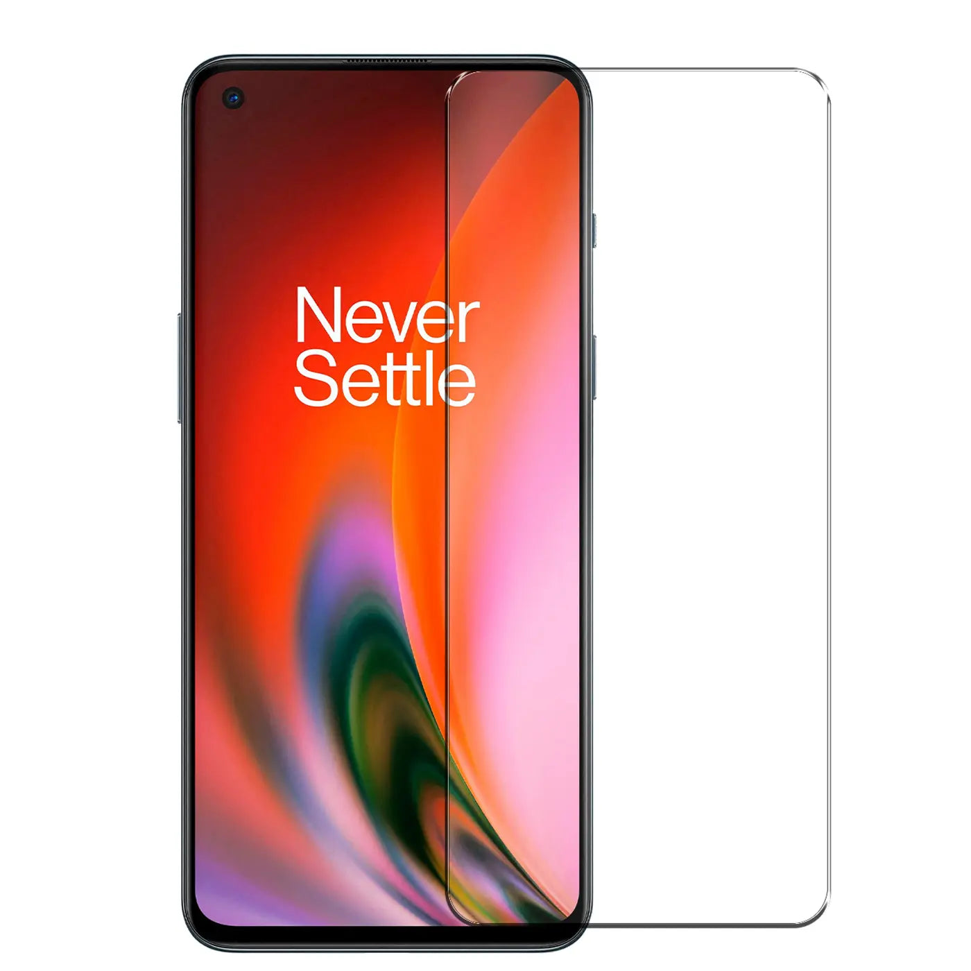 OnePlus Nord 2 5G Handy mit schwarzem Rahmen, Display mit "Never Settle" Schriftzug, daneben ein Panzerglas Displayschutz.
